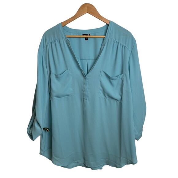 Torrid Harper Blouse Sz 3 Aqua Blue Roll Tab Sleeve V-Neck Pocket Top Plus Size - Picture 5 of 7
